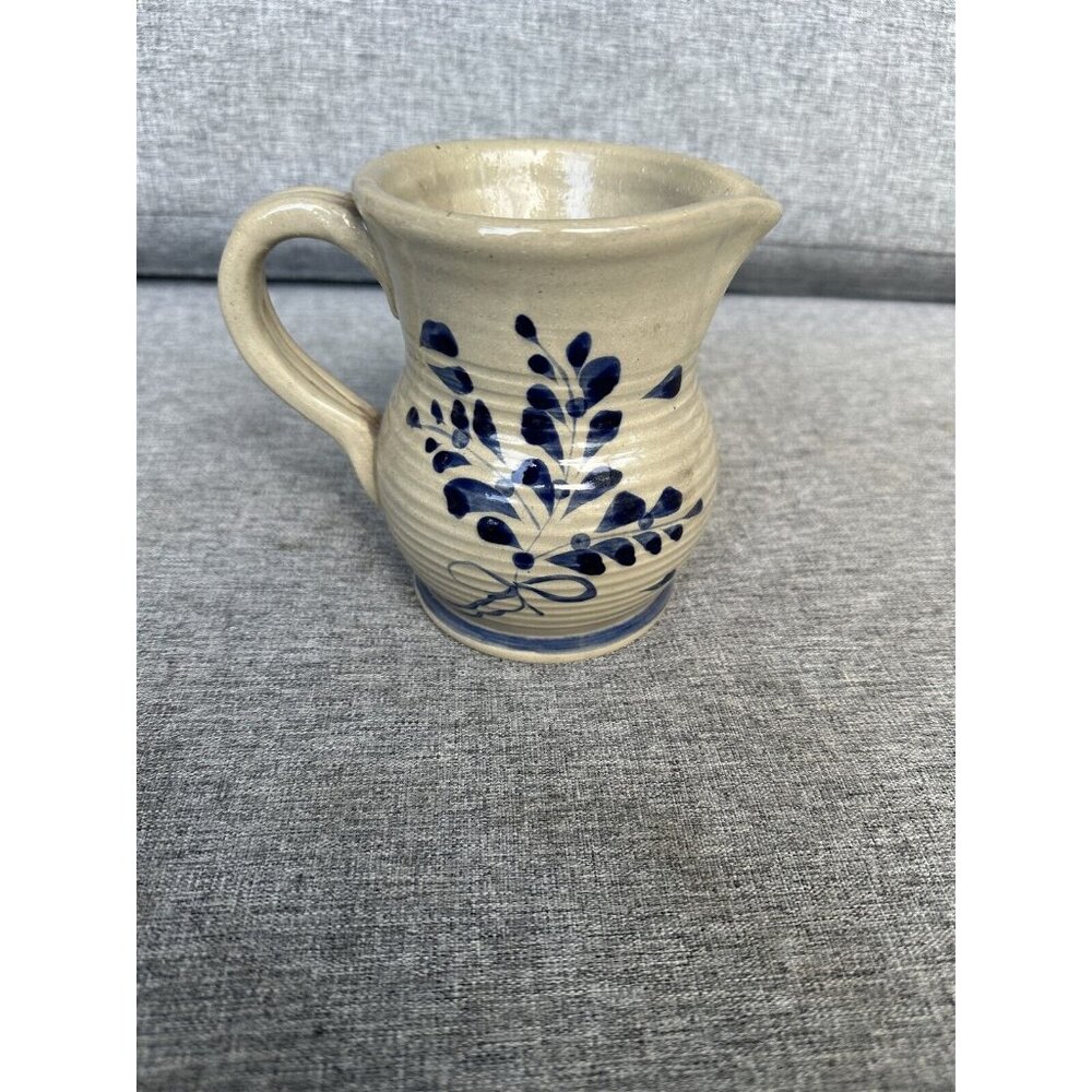 Cracker Barrel Made From Scratch Creamer Small Pitcher Cobalt Blue Tan Pottery